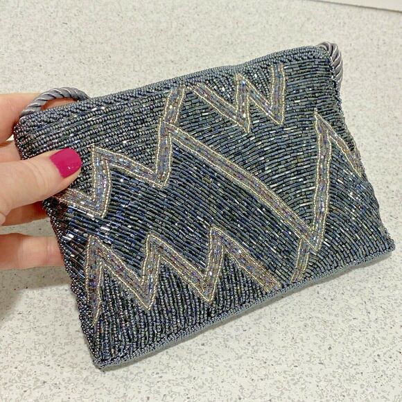 Vintage Beaded 1980's Evening Bag Retro Gray & Silver Shoulderbag Dressy Purse - Picture 4 of 8